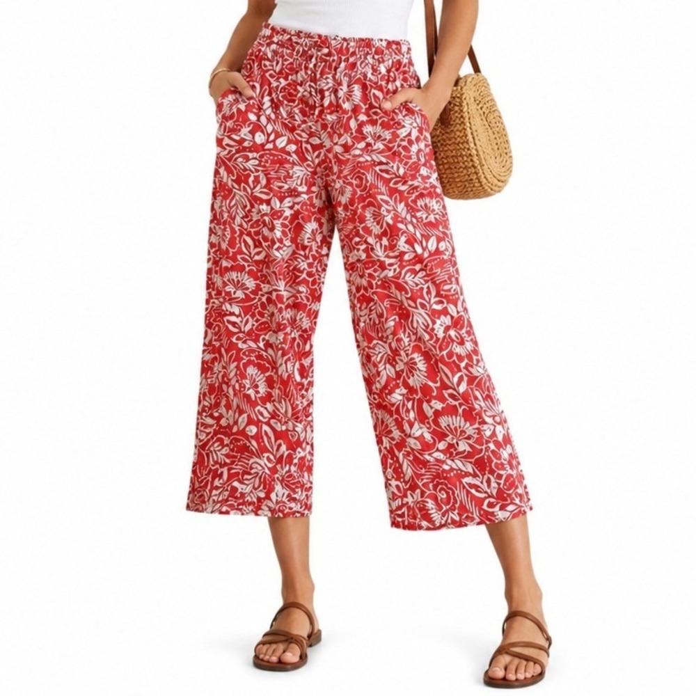 Rafaella Crop Linen Pants Womens M Red Floral Paisley Elastic Waist Drawstring